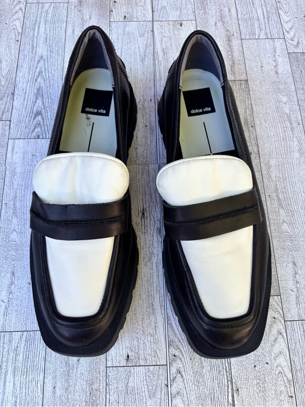 Dolce Vita Two-Tone Black and White Leather Penny Loafers